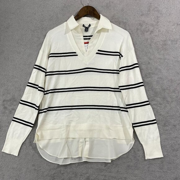 NEW Hilary Radley Womens M Striped Knit Sweater Top With Collared Layered - Picture 2 of 9